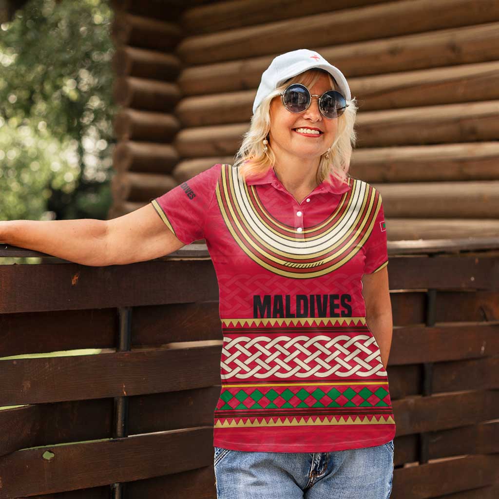 Maldives Tribal Heritage Red Women Polo Shirt with Cultural Geometric Pattern and Island Flag Print