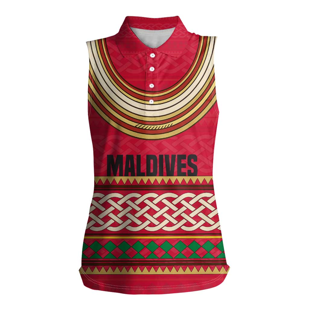 Maldives Tribal Heritage Red Women Sleeveless Polo Shirt with Cultural Geometric Pattern and Island Flag Print