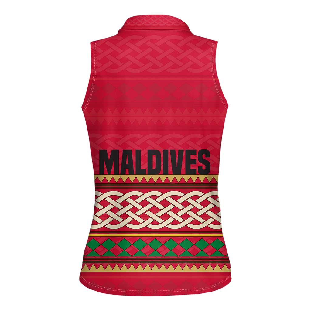 Maldives Tribal Heritage Red Women Sleeveless Polo Shirt with Cultural Geometric Pattern and Island Flag Print