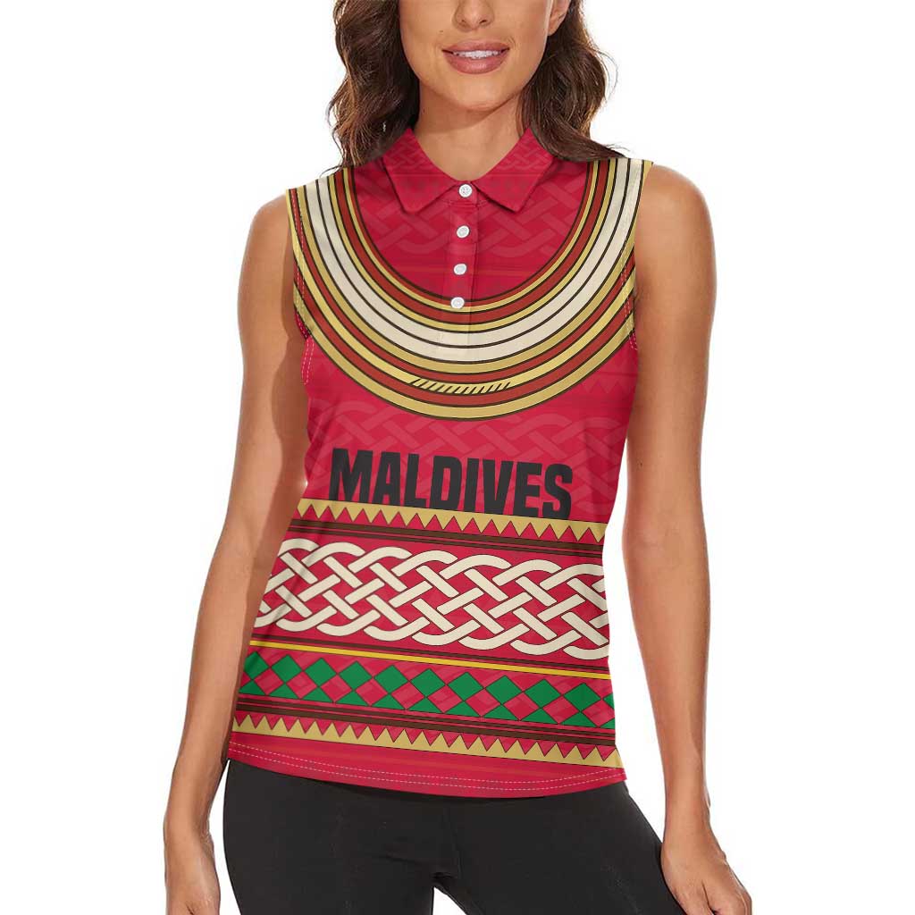Maldives Tribal Heritage Red Women Sleeveless Polo Shirt with Cultural Geometric Pattern and Island Flag Print