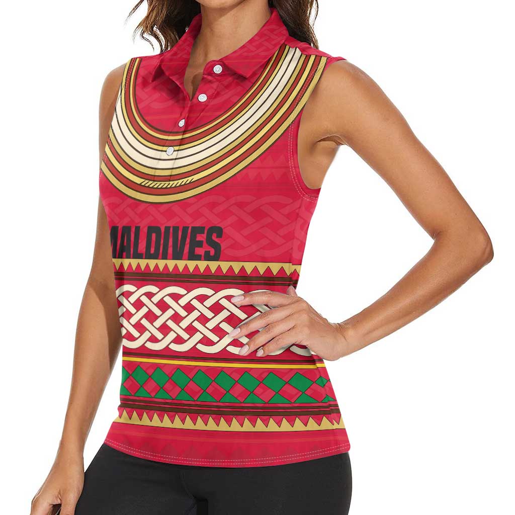Maldives Tribal Heritage Red Women Sleeveless Polo Shirt with Cultural Geometric Pattern and Island Flag Print