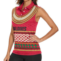 Maldives Tribal Heritage Red Women Sleeveless Polo Shirt with Cultural Geometric Pattern and Island Flag Print