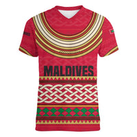 Maldives Tribal Heritage Red Women V-Neck T-Shirt with Cultural Geometric Pattern and Island Flag Print