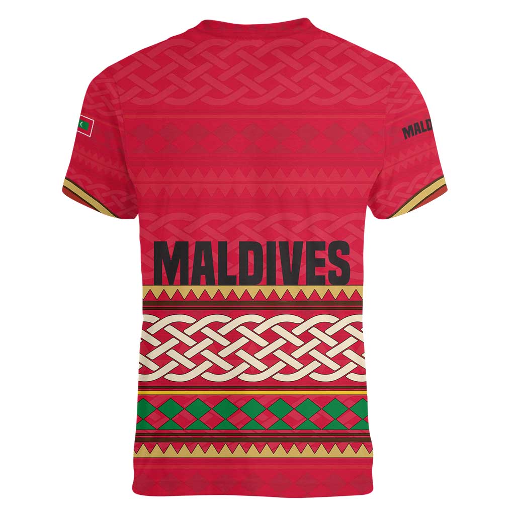 Maldives Tribal Heritage Red Women V-Neck T-Shirt with Cultural Geometric Pattern and Island Flag Print