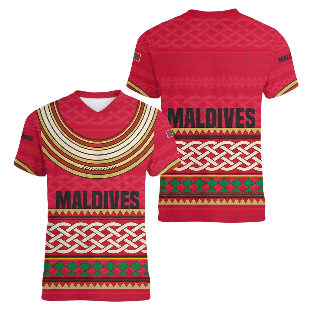 Maldives Tribal Heritage Red Women V-Neck T-Shirt with Cultural Geometric Pattern and Island Flag Print