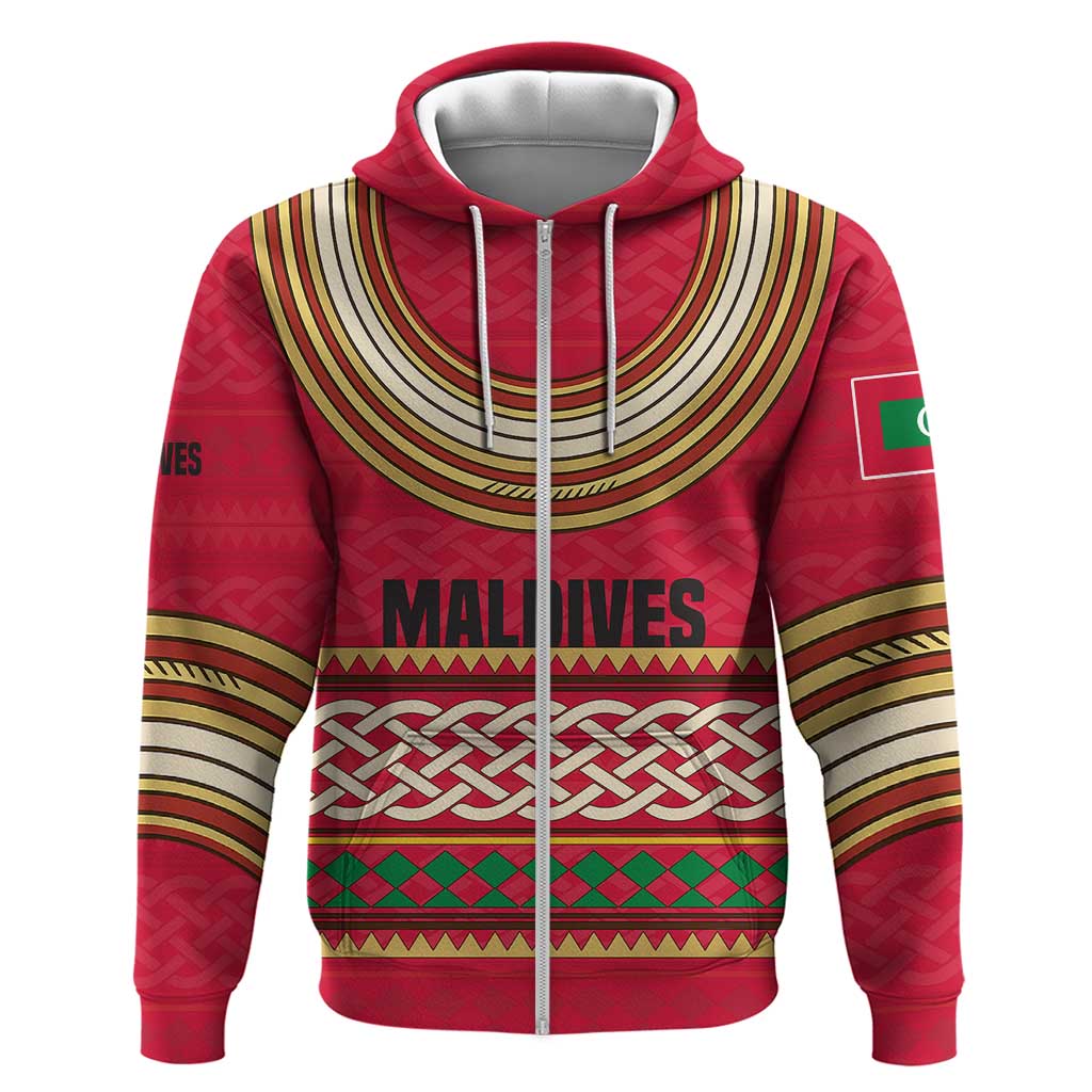 Maldives Tribal Heritage Red Zip Hoodie with Cultural Geometric Pattern and Island Flag Print