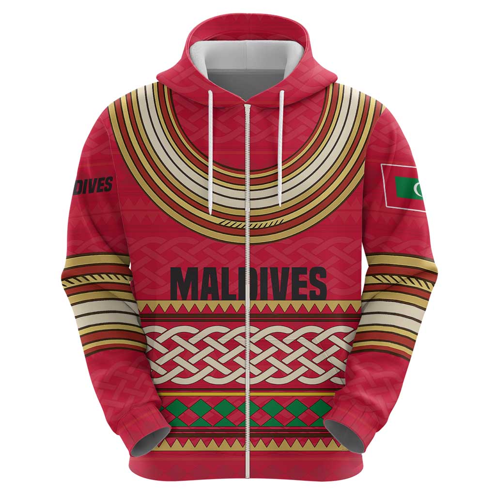 Maldives Tribal Heritage Red Zip Hoodie with Cultural Geometric Pattern and Island Flag Print