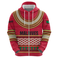 Maldives Tribal Heritage Red Zip Hoodie with Cultural Geometric Pattern and Island Flag Print