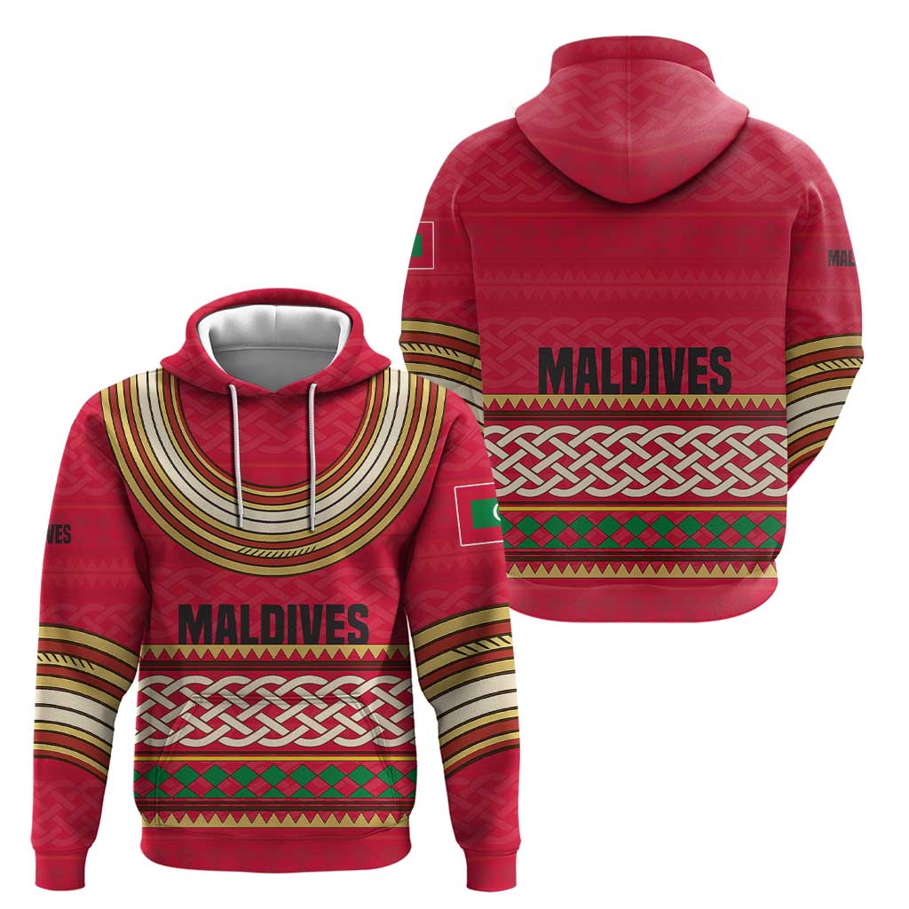 Maldives Tribal Heritage Red Zip Hoodie with Cultural Geometric Pattern and Island Flag Print