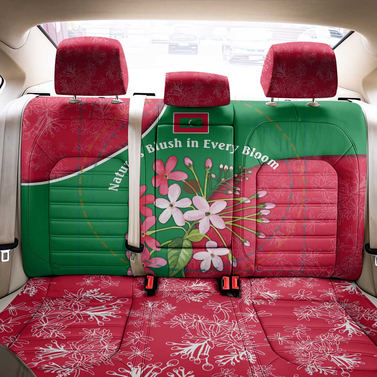 Maldives Floral Bloom Back Car Seat Cover with Tropical Island Blossoms and National Flag Design