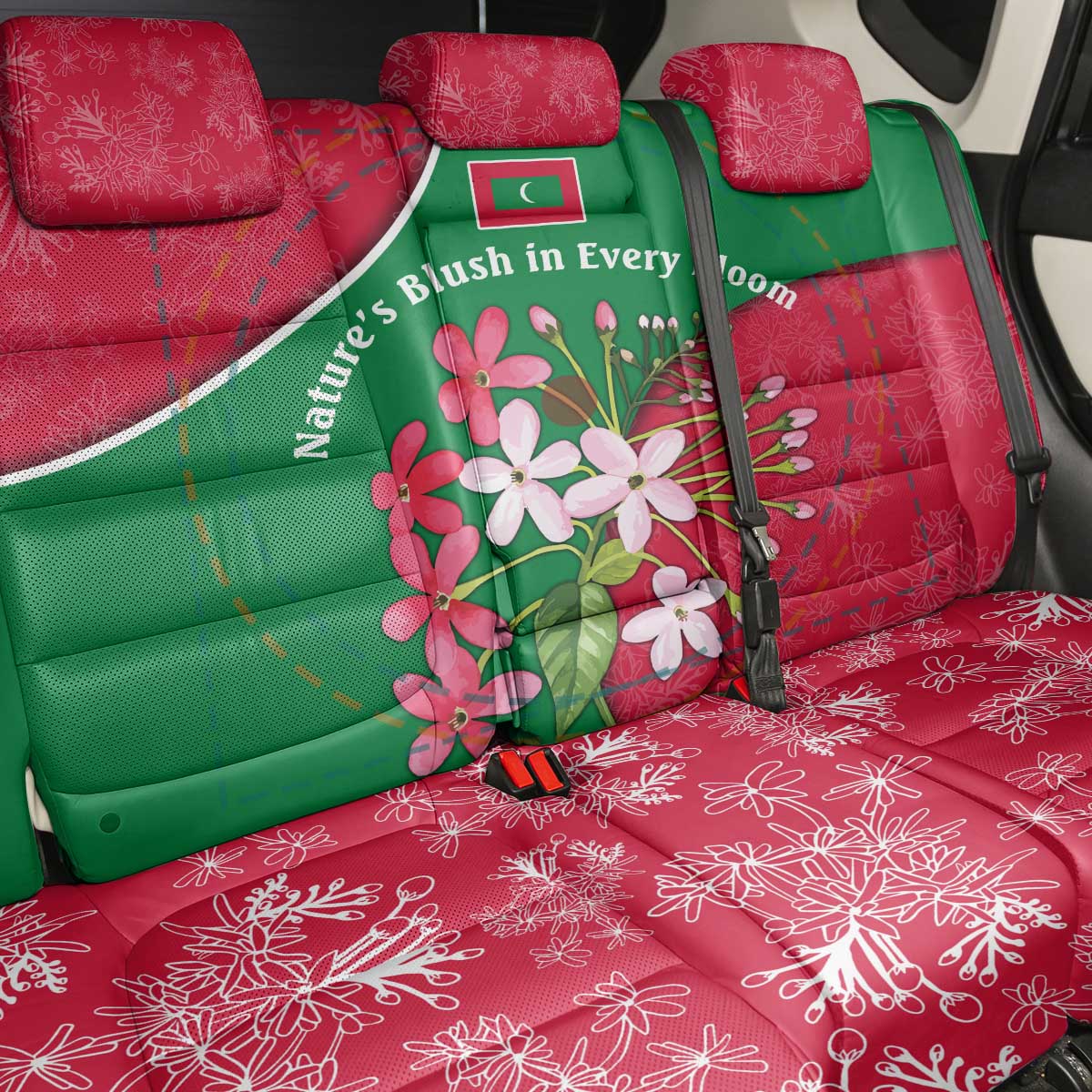 Maldives Floral Bloom Back Car Seat Cover with Tropical Island Blossoms and National Flag Design