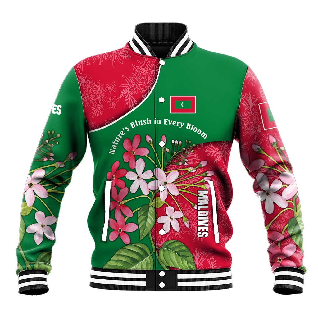 Maldives Floral Bloom Baseball Jacket with Tropical Island Blossoms and National Flag Design