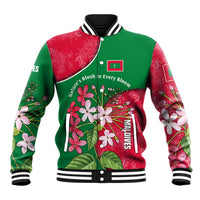 Maldives Floral Bloom Baseball Jacket with Tropical Island Blossoms and National Flag Design