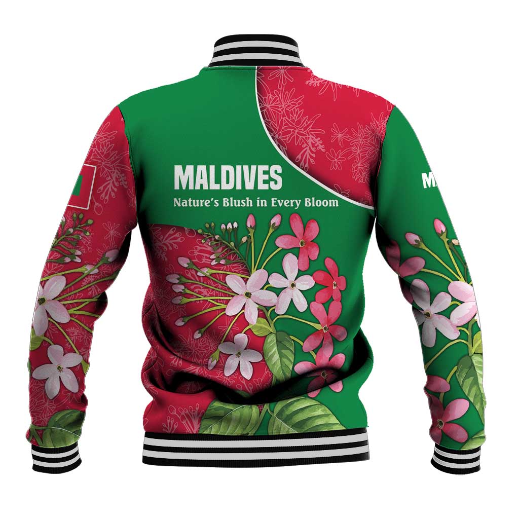 Maldives Floral Bloom Baseball Jacket with Tropical Island Blossoms and National Flag Design