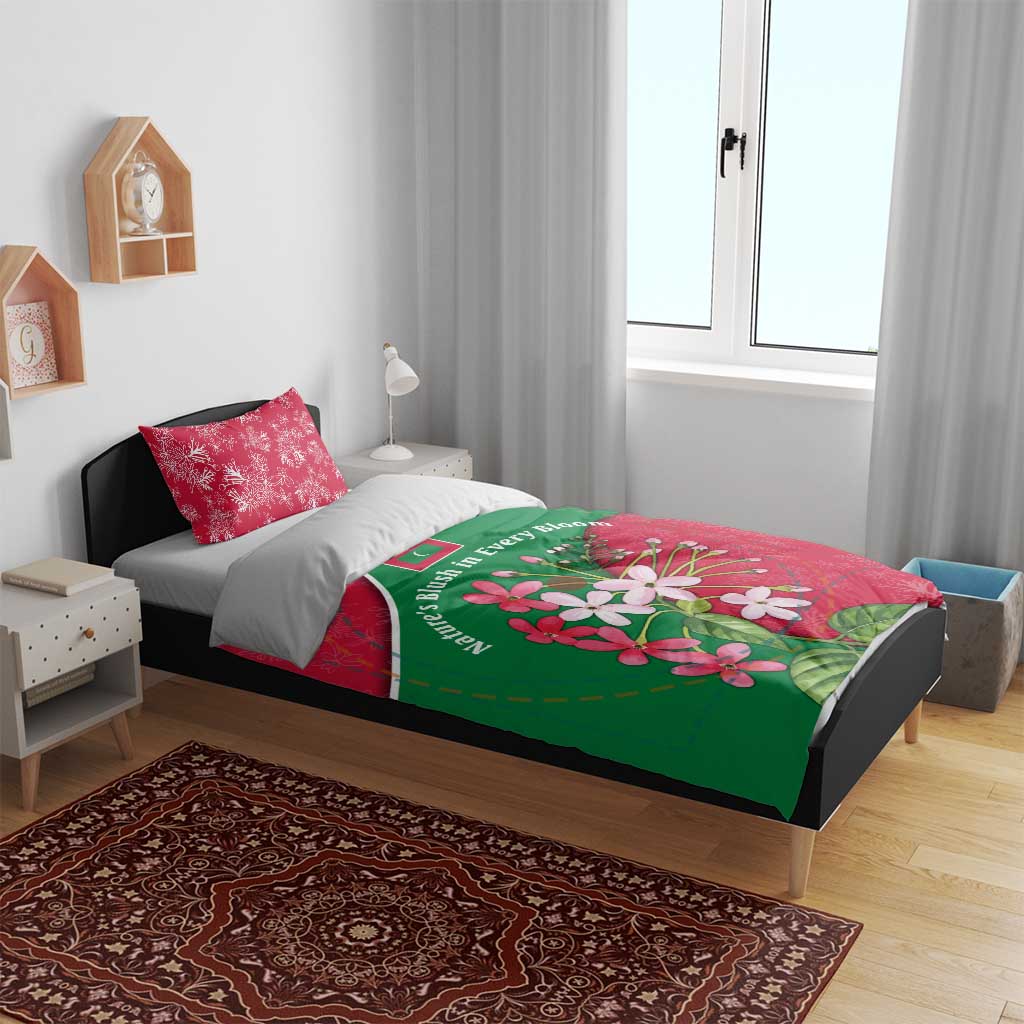 Maldives Floral Bloom Bedding Set with Tropical Island Blossoms and National Flag Design