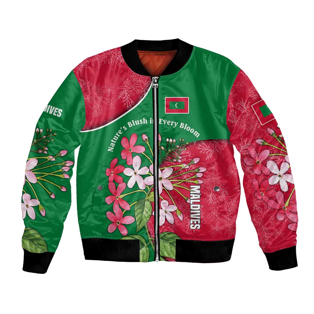 Maldives Floral Bloom Bomber Jacket with Tropical Island Blossoms and National Flag Design