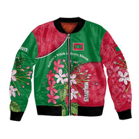 Maldives Floral Bloom Bomber Jacket with Tropical Island Blossoms and National Flag Design