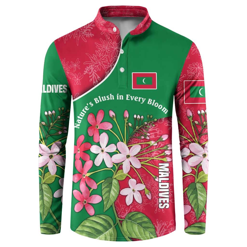 Maldives Floral Bloom Button Sweatshirt with Tropical Island Blossoms and National Flag Design