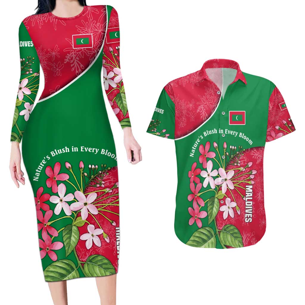 Maldives Floral Bloom Couples Matching Long Sleeve Bodycon Dress and Hawaiian Shirt with Tropical Island Blossoms and National Flag Design