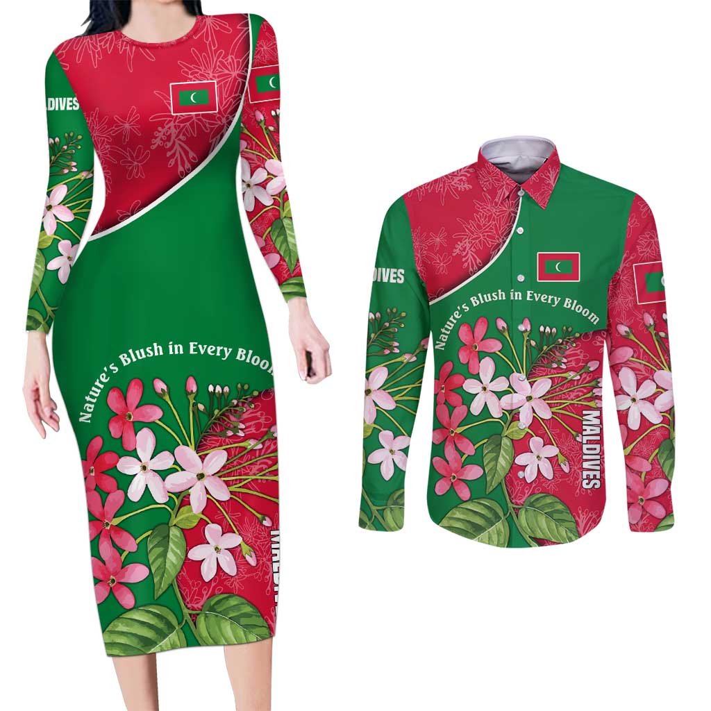 Maldives Floral Bloom Couples Matching Long Sleeve Bodycon Dress and Long Sleeve Button Shirt with Tropical Island Blossoms and National Flag Design