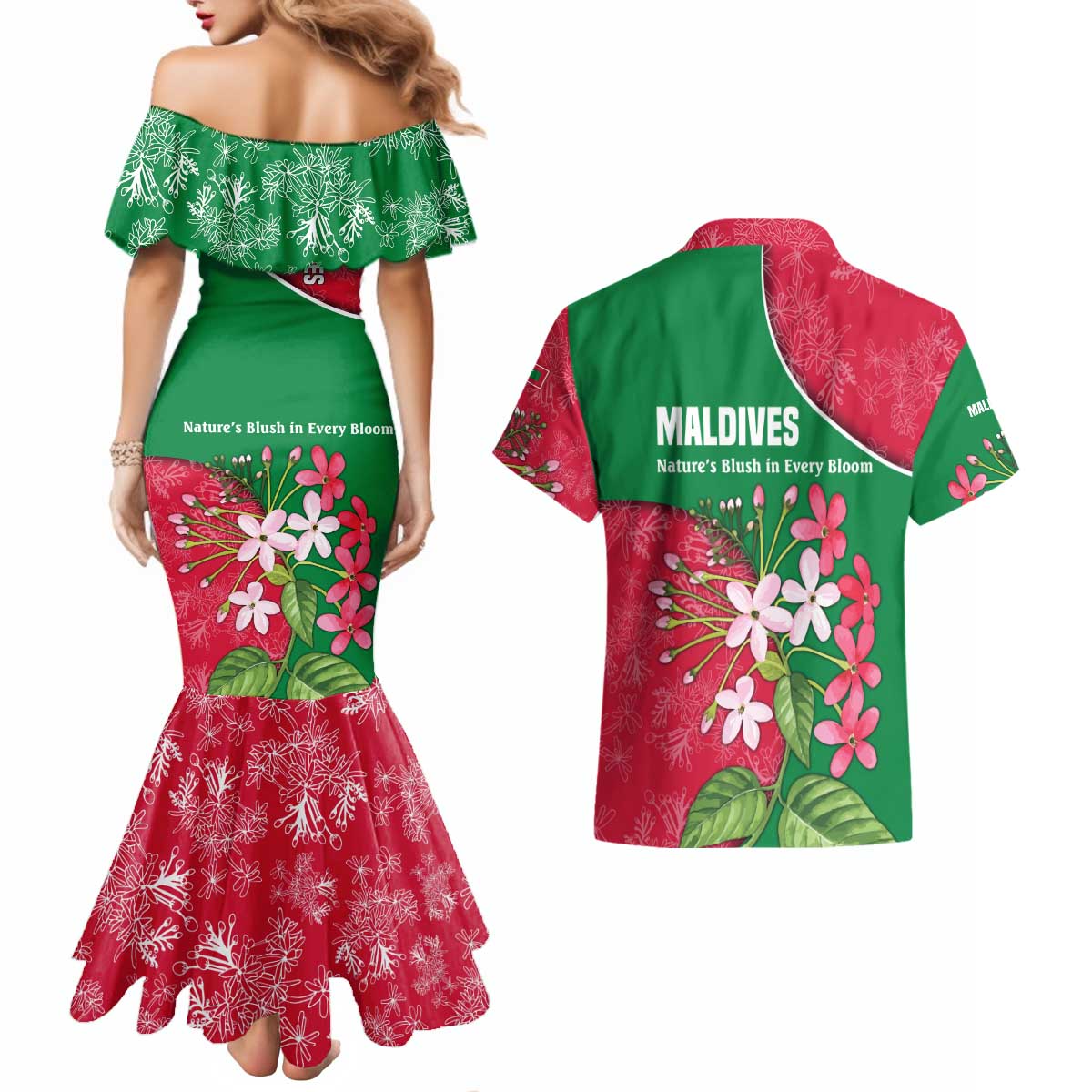 Maldives Floral Bloom Couples Matching Mermaid Dress and Hawaiian Shirt with Tropical Island Blossoms and National Flag Design