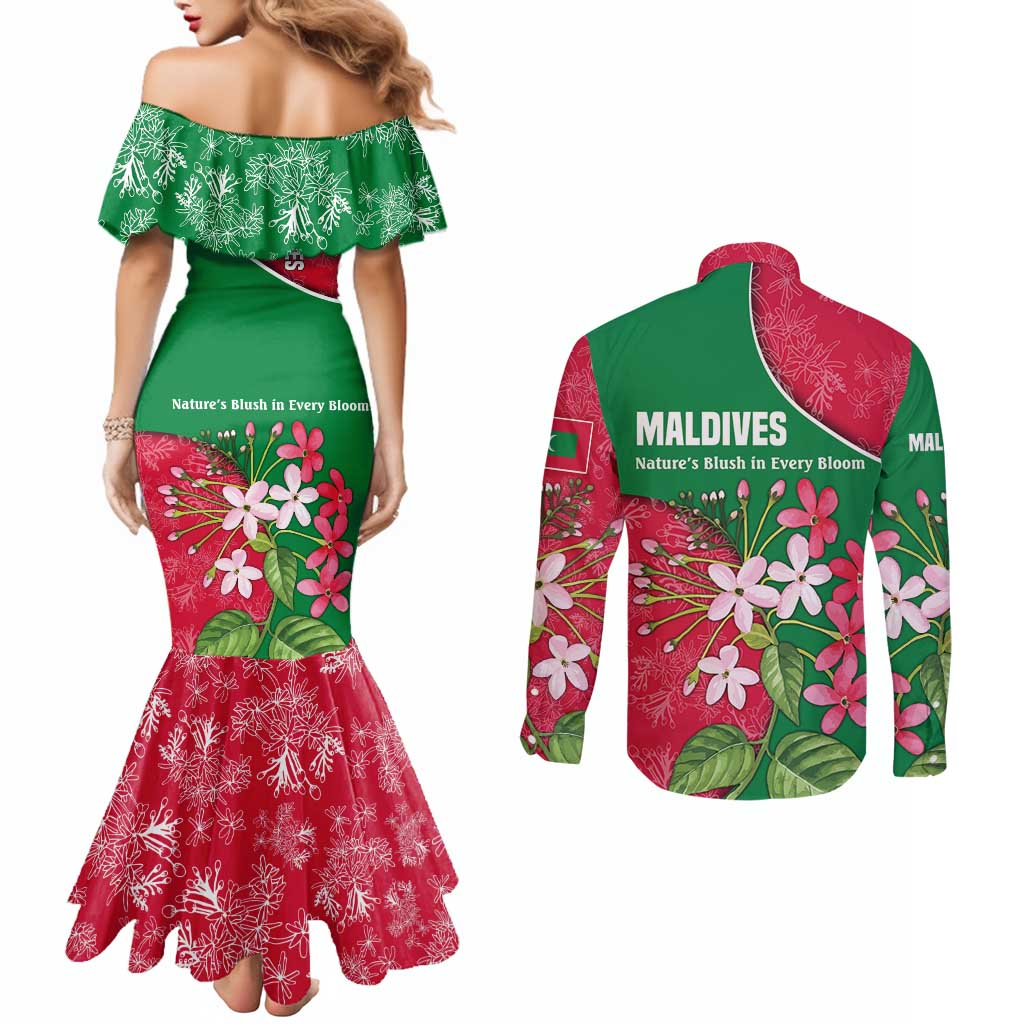 Maldives Floral Bloom Couples Matching Mermaid Dress and Long Sleeve Button Shirt with Tropical Island Blossoms and National Flag Design
