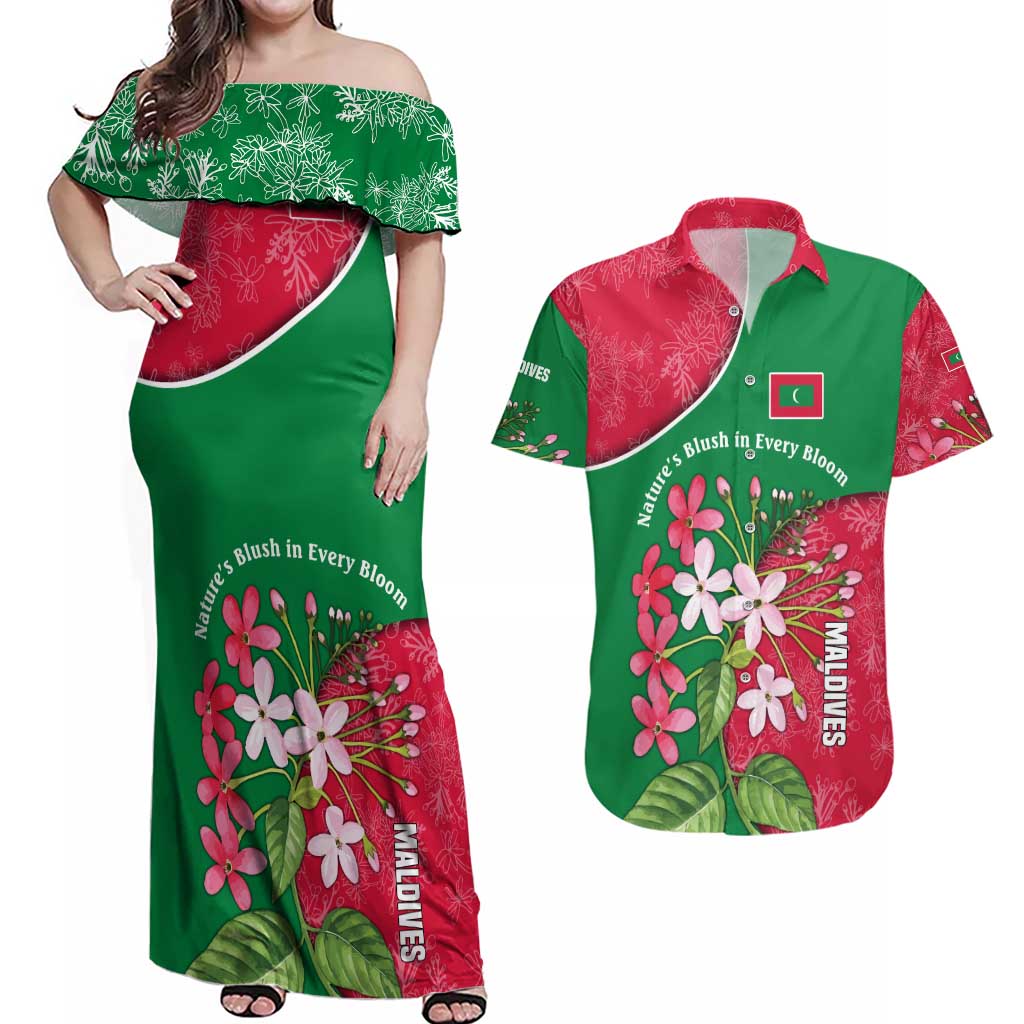 Maldives Floral Bloom Couples Matching Off Shoulder Maxi Dress and Hawaiian Shirt with Tropical Island Blossoms and National Flag Design