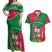 Maldives Floral Bloom Couples Matching Off Shoulder Maxi Dress and Hawaiian Shirt with Tropical Island Blossoms and National Flag Design
