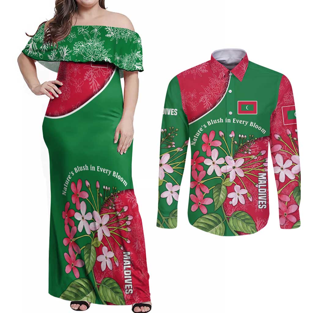 Maldives Floral Bloom Couples Matching Off Shoulder Maxi Dress and Long Sleeve Button Shirt with Tropical Island Blossoms and National Flag Design