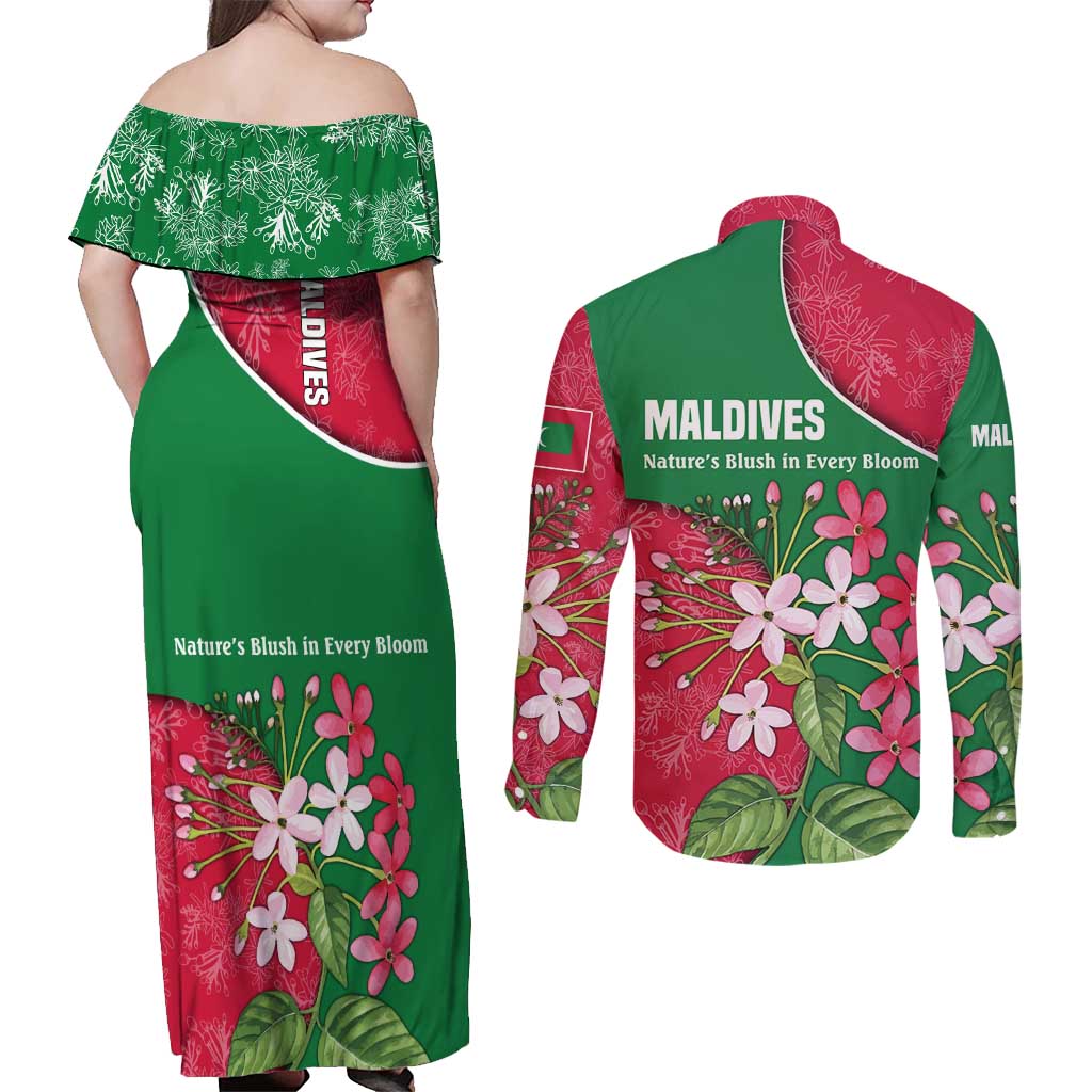 Maldives Floral Bloom Couples Matching Off Shoulder Maxi Dress and Long Sleeve Button Shirt with Tropical Island Blossoms and National Flag Design