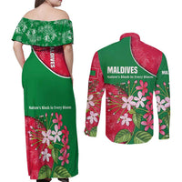 Maldives Floral Bloom Couples Matching Off Shoulder Maxi Dress and Long Sleeve Button Shirt with Tropical Island Blossoms and National Flag Design