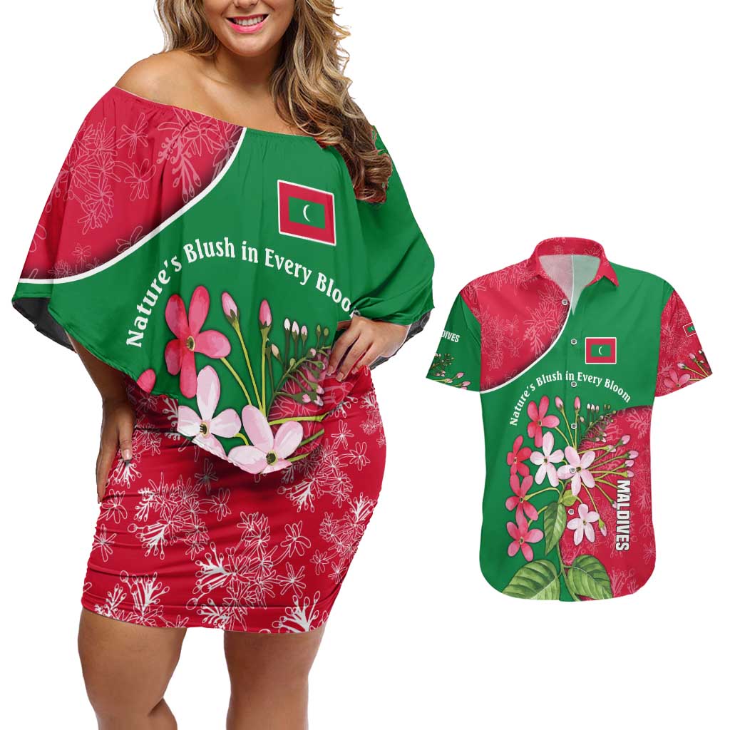 Maldives Floral Bloom Couples Matching Off Shoulder Short Dress and Hawaiian Shirt with Tropical Island Blossoms and National Flag Design