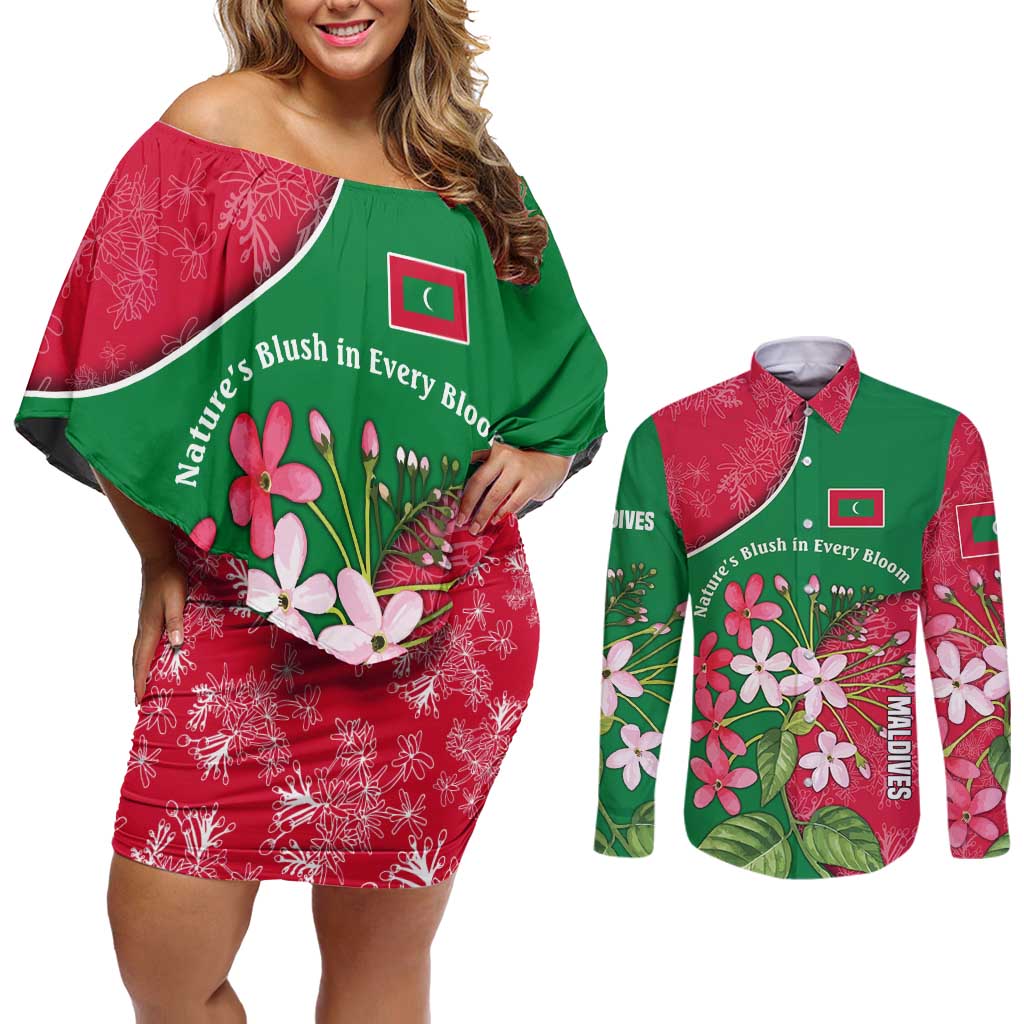 Maldives Floral Bloom Couples Matching Off Shoulder Short Dress and Long Sleeve Button Shirt with Tropical Island Blossoms and National Flag Design