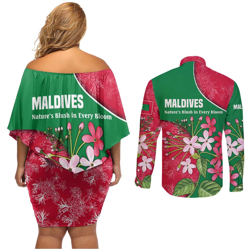 Maldives Floral Bloom Couples Matching Off Shoulder Short Dress and Long Sleeve Button Shirt with Tropical Island Blossoms and National Flag Design