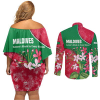 Maldives Floral Bloom Couples Matching Off Shoulder Short Dress and Long Sleeve Button Shirt with Tropical Island Blossoms and National Flag Design