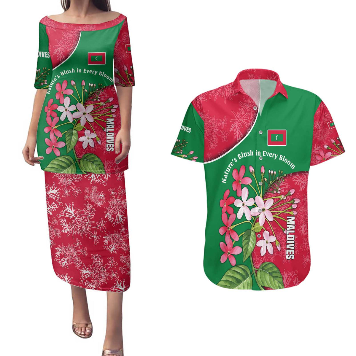 Maldives Floral Bloom Couples Matching Puletasi and Hawaiian Shirt with Tropical Island Blossoms and National Flag Design