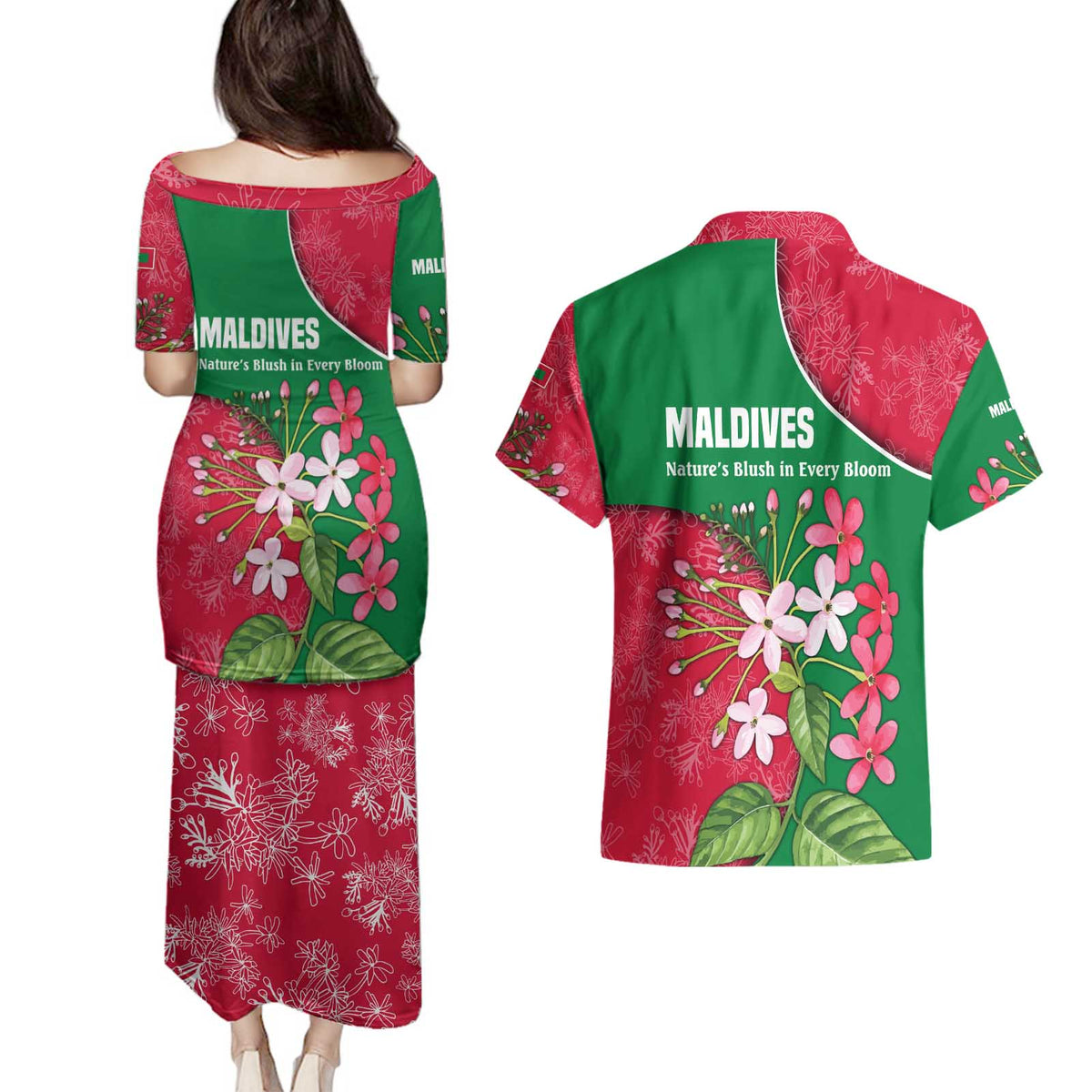 Maldives Floral Bloom Couples Matching Puletasi and Hawaiian Shirt with Tropical Island Blossoms and National Flag Design