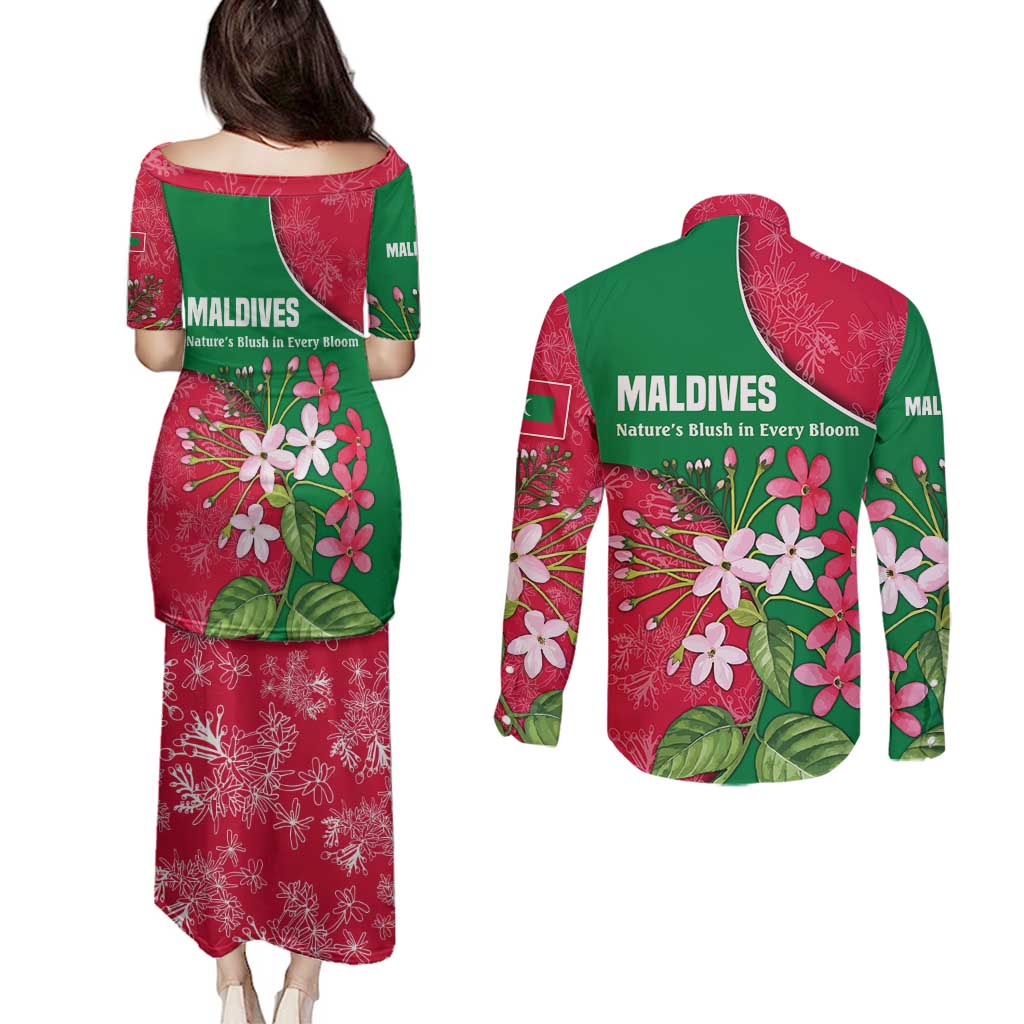 Maldives Floral Bloom Couples Matching Puletasi and Long Sleeve Button Shirt with Tropical Island Blossoms and National Flag Design