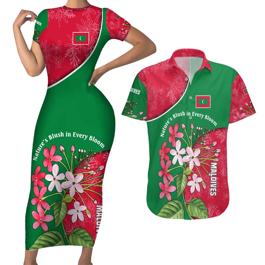 Maldives Floral Bloom Couples Matching Short Sleeve Bodycon Dress and Hawaiian Shirt with Tropical Island Blossoms and National Flag Design