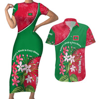 Maldives Floral Bloom Couples Matching Short Sleeve Bodycon Dress and Hawaiian Shirt with Tropical Island Blossoms and National Flag Design