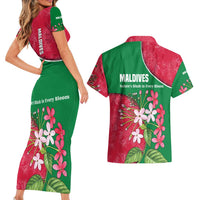 Maldives Floral Bloom Couples Matching Short Sleeve Bodycon Dress and Hawaiian Shirt with Tropical Island Blossoms and National Flag Design