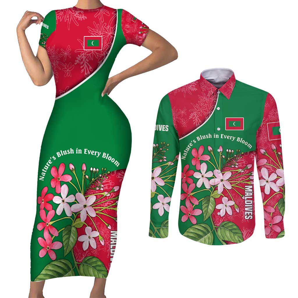 Maldives Floral Bloom Couples Matching Short Sleeve Bodycon Dress and Long Sleeve Button Shirt with Tropical Island Blossoms and National Flag Design