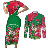 Maldives Floral Bloom Couples Matching Short Sleeve Bodycon Dress and Long Sleeve Button Shirt with Tropical Island Blossoms and National Flag Design