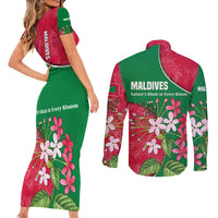 Maldives Floral Bloom Couples Matching Short Sleeve Bodycon Dress and Long Sleeve Button Shirt with Tropical Island Blossoms and National Flag Design