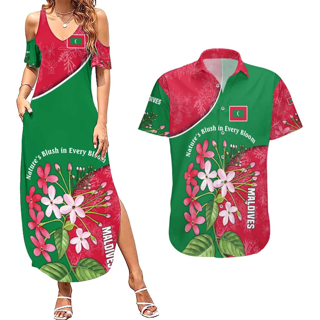 Maldives Floral Bloom Couples Matching Summer Maxi Dress and Hawaiian Shirt with Tropical Island Blossoms and National Flag Design