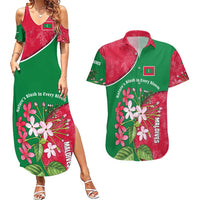 Maldives Floral Bloom Couples Matching Summer Maxi Dress and Hawaiian Shirt with Tropical Island Blossoms and National Flag Design