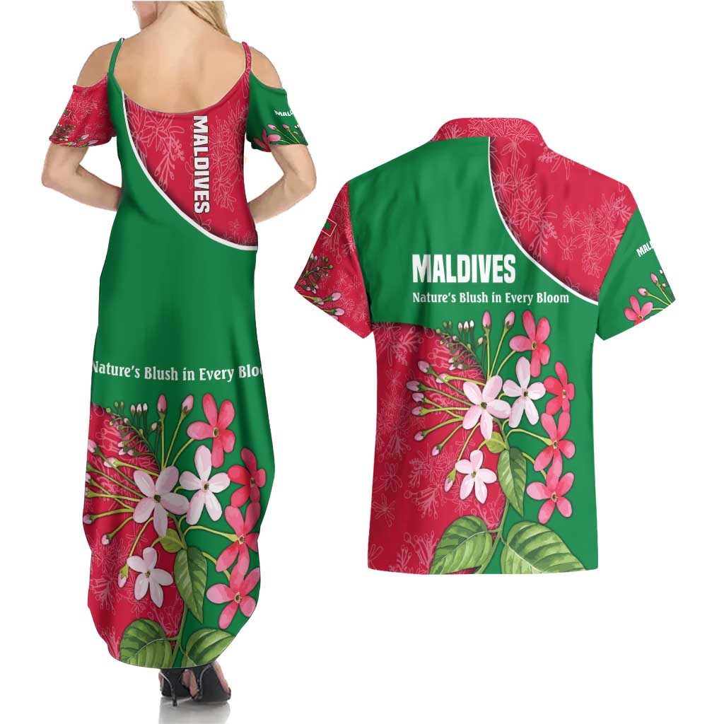 Maldives Floral Bloom Couples Matching Summer Maxi Dress and Hawaiian Shirt with Tropical Island Blossoms and National Flag Design