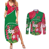 Maldives Floral Bloom Couples Matching Summer Maxi Dress and Long Sleeve Button Shirt with Tropical Island Blossoms and National Flag Design
