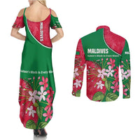 Maldives Floral Bloom Couples Matching Summer Maxi Dress and Long Sleeve Button Shirt with Tropical Island Blossoms and National Flag Design