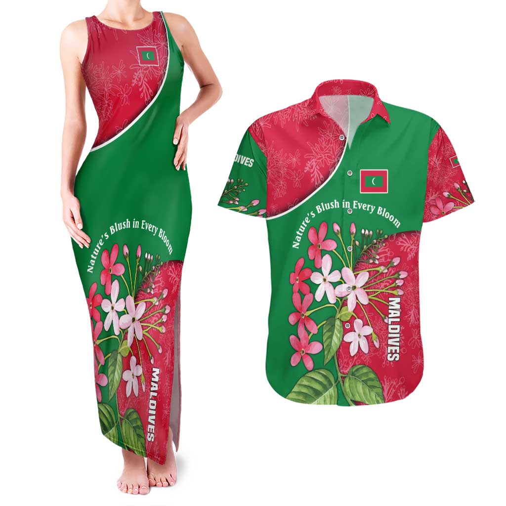 Maldives Floral Bloom Couples Matching Tank Maxi Dress and Hawaiian Shirt with Tropical Island Blossoms and National Flag Design